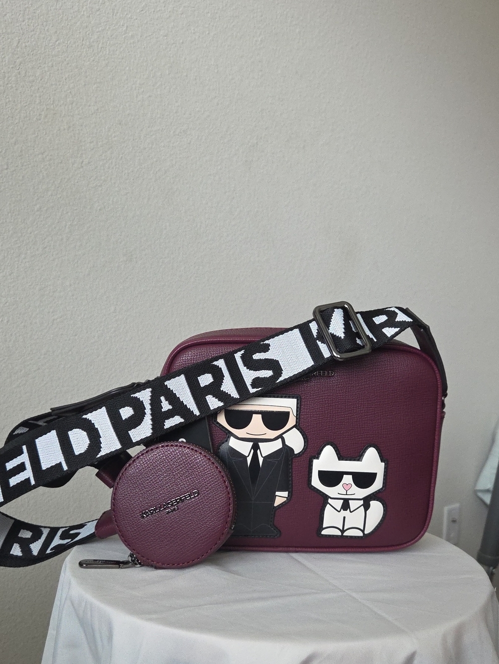 Karl Lagerfeld Barillo Wine Camera Bag with Graphic Patch NWT